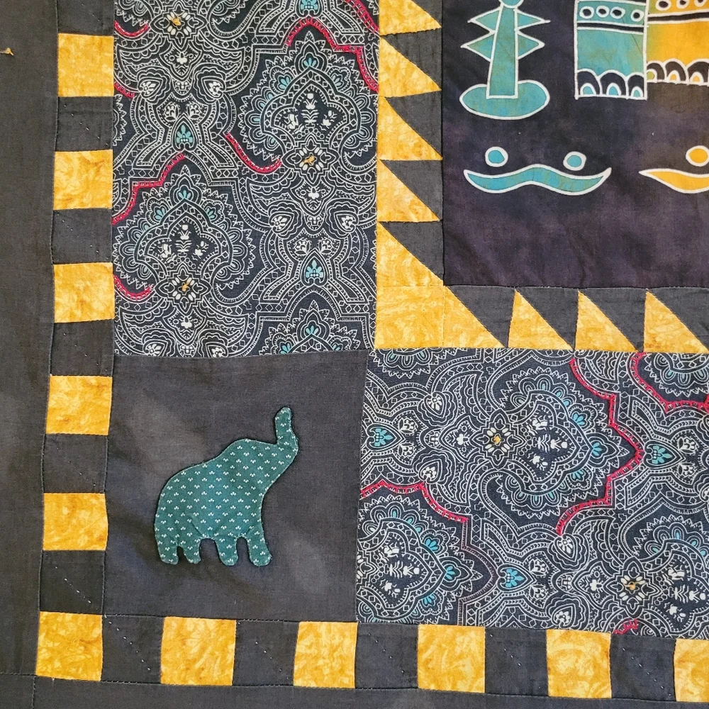 Handmade Original Summer Quilt Colorful Elephant Batik Embroidered 45x45